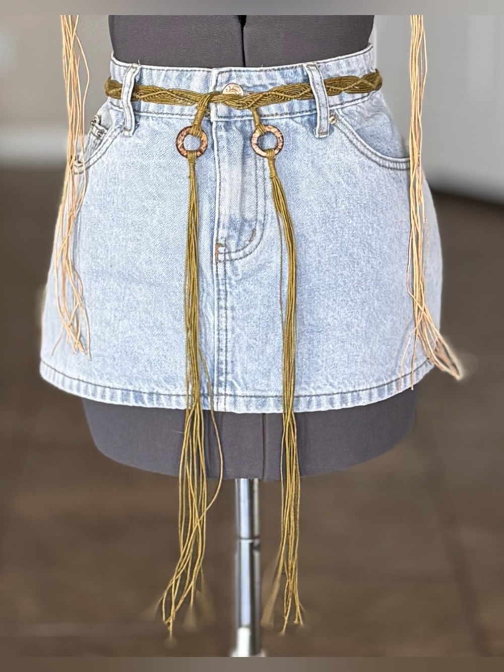 Set Of 2 Belts Tan Green Woven Boho Braided Belts